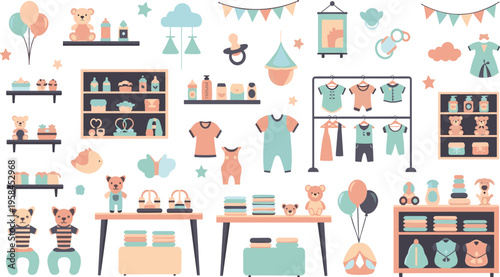 Baby clothing store interior vector illustration set with outfits, shelves, toys, accessories, and nursery shop elements for kids retail design.