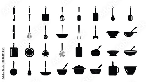 Collection of kitchen utensils and cookware in black silhouette on white background for cooking and recipe design