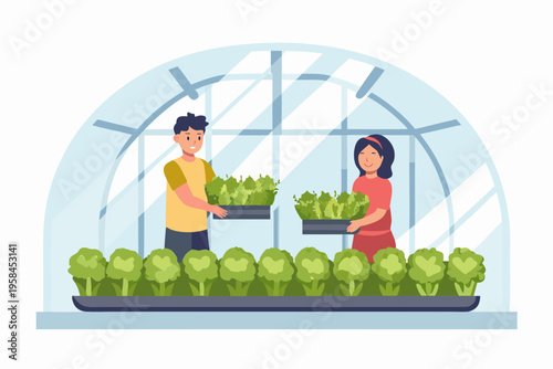 Couple tending to seedlings and leafy greens inside a glass greenhouse