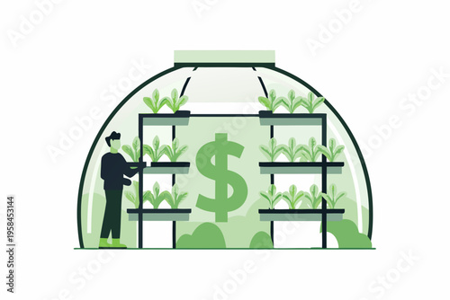 A person tending to plants inside a greenhouse with a dollar sign