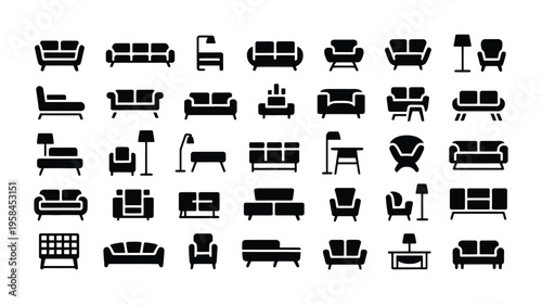 Collection of modern furniture icons including sofas chairs tables and lamps in black silhouette on white background for design and decoration purposes