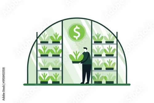 A person tending to plants inside a greenhouse with a dollar sign