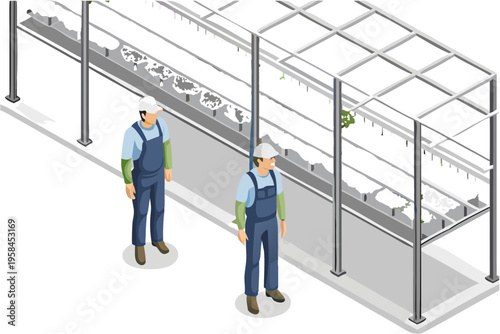 Two workers inspect a modern indoor hydroponic farm with tiered growing systems