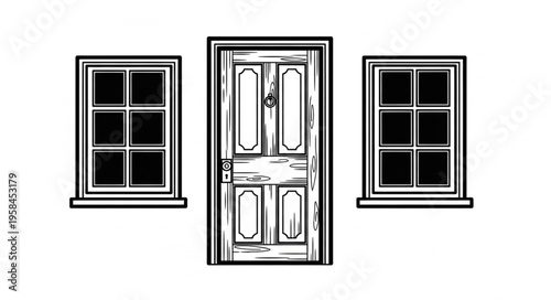 Vintage Door and Window Illustration - Architectural Elements in Black and White.