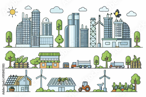 A colorful cityscape illustration showcasing sustainable and modern architecture