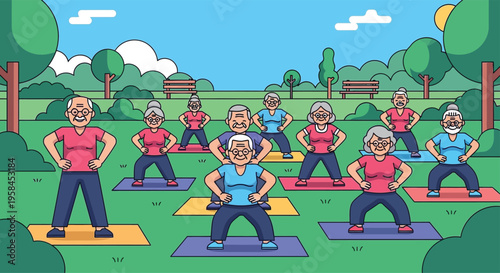 Seniors Practicing Yoga Outdoors in a Park Setting.