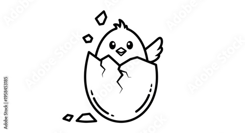 Cute Chick Hatching from Egg - A Whimsical Black and White Illustration.