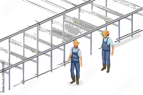 Isometric illustration of construction workers inspecting solar panel framework