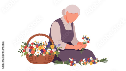 The Art of Floral Creation: An elderly woman, deeply engrossed in her craft, delicately arranges an array of colorful blooms, crafting small, artful bouquets.