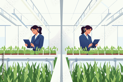 Woman inspecting plant growth in a modern automated greenhouse facility