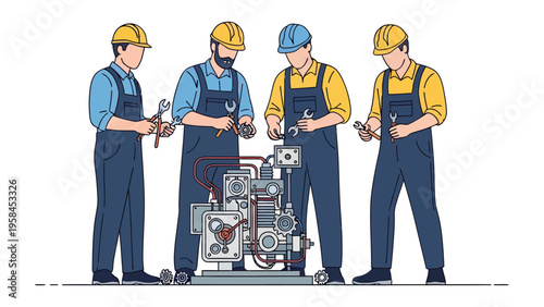 Team of Engineers in Action: A group of skilled engineers meticulously analyze and repair complex machinery, highlighting their expertise in a dynamic illustration.