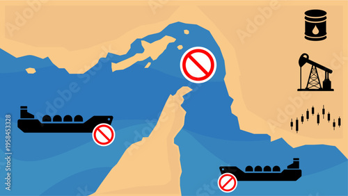 Geopolitical Tensions in the Middle East Disrupting Oil Tanker Routes and Causing Global Energy Market Volatility in the Strait of Hormuz. Vector Illustration