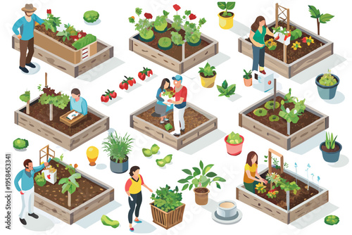 Isometric illustration of people enjoying community gardening and fresh produce