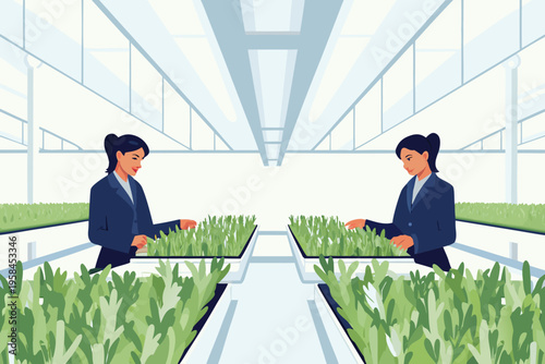 Two professionals inspect thriving plant growth within a modern greenhouse setting