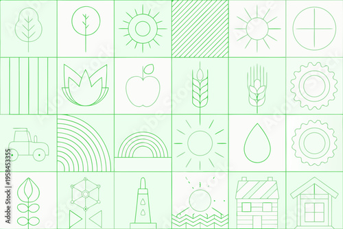 A grid of simple light green line drawings depicting nature and objects