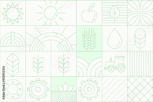 Minimalist green tile pattern featuring fruits grains and agricultural icons