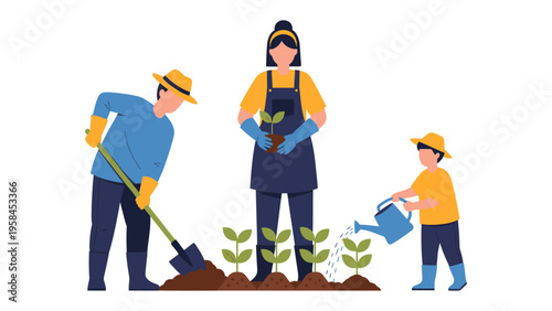 Family Gardening Together: A family plants in the garden. Mom, dad, and a child work to create something beautiful, the image illustrates a strong family bond and the joy of shared experience.
