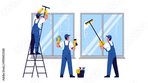 Window Cleaning Professionals in Action:  Illustrative scene of cleaning experts meticulously tending to a series of windows, showcasing cleanliness, professionalism, and skilled service.
