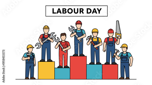 Labor Day Celebration: A graphic representation showcasing the spirit of Labor Day with illustrations of workers standing on elevated platforms.