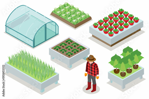 Isometric illustration of a gardener and various garden elements