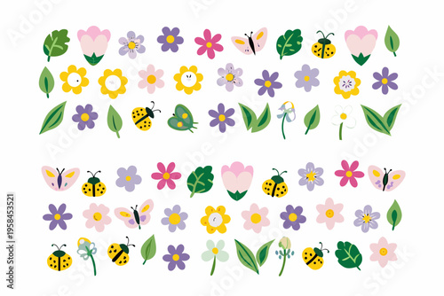 Colorful assortment of stylized flowers butterflies and ladybugs on white
