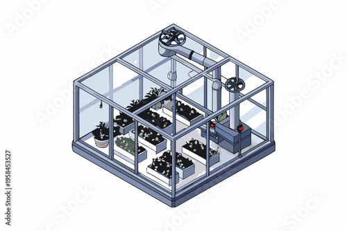 Isometric illustration of a detailed futuristic indoor greenhouse structure