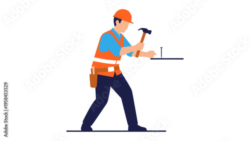 Construction Worker at Work: A construction worker, equipped with a hammer and hard hat, focuses on his task, skillfully driving a nail into a piece of wood.