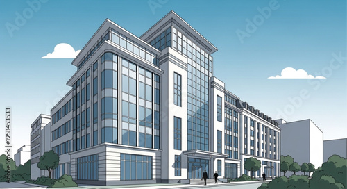 Architectural Rendering of a Modern Office Building with Glass Facade.