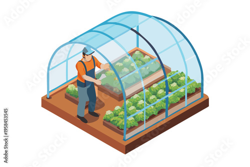 Isometric illustration of a gardener tending plants inside a greenhouse