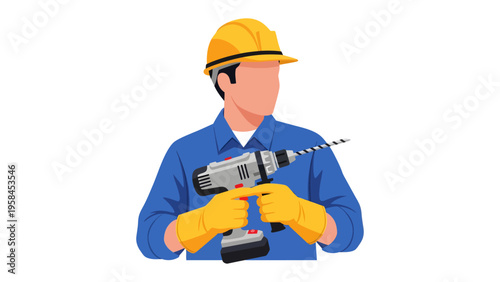 Construction Worker with Drill: A skilled construction worker, equipped with a drill and safety gear, stands ready to tackle a project, embodying dedication and precision in the field of construction.