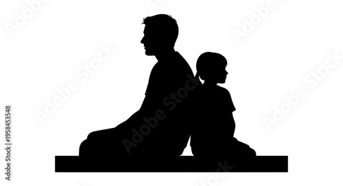 Silhouette of father and child sitting back to back.