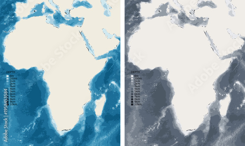 Africa Full Bathymetric Ocean Depth Map - Mercator Projection - Scalable Multi-Color Seafloor Relief Topography with Depth Legend Showing Continental Shelves Mid-Ocean Ridges and Abyssal Plains