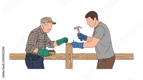 Crafting the Structure: Two individuals collaborate harmoniously, using tools to assemble a sturdy timber fence. Capturing the spirit of unity and hands-on skill.