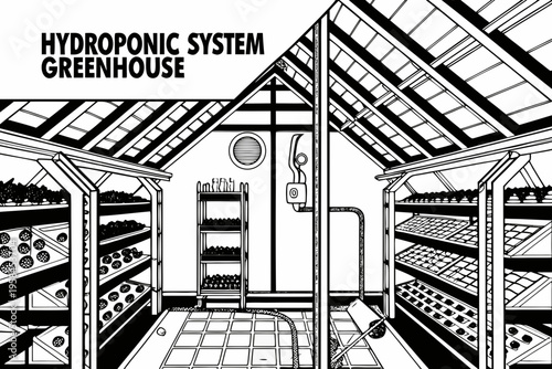 Illustration of a hydroponic greenhouse system with tiered plant growing setups