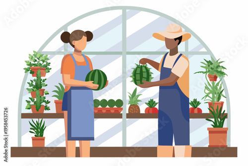 Two farmers displaying fresh watermelons and produce in a greenhouse