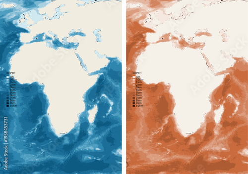 Africa N S Bathymetric Ocean Depth Map - Conic Equidistant Projection - Scalable Multi-Color Seafloor Relief Topography with Depth Legend Showing Continental Shelves Mid-Ocean Ridges and Abyssal