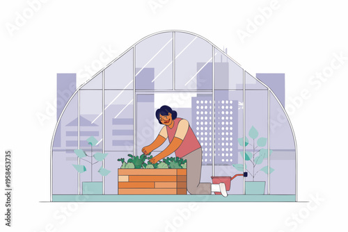 Woman tending to plants inside a modern greenhouse with city backdrop