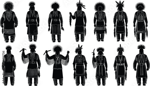 Traditional Native American Indigenous Tribal Dancer Silhouettes Set in Regalia with Feathers and Fringe for Cultural Heritage Celebration Vector Illustration (