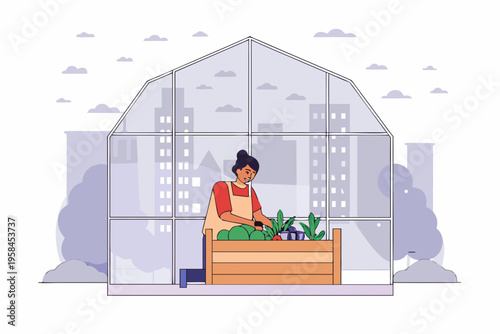 Woman gardening inside a glass greenhouse with plants and natural light