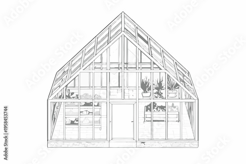 Line drawing of a glass greenhouse with plants inside and a doorway