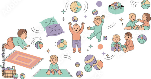 Cute baby playing with balls vector illustration set featuring infants crawling, sitting, and interacting with toys in playful nursery activity scenes.