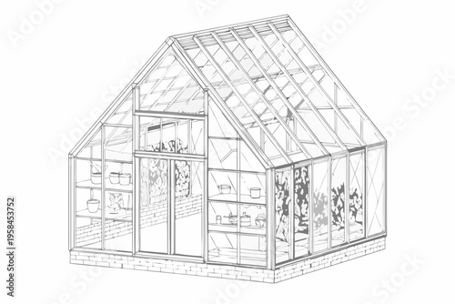 Line drawing of a small greenhouse with plants inside architectural sketch