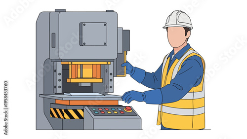 Industrial Precision: A skilled technician diligently operates a heavy-duty industrial press, showcasing expertise in manufacturing and technology.