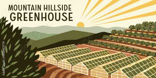 A vibrant illustration depicts greenhouses nestled on a mountainous hillside