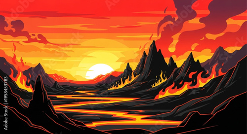 Pixel Art Landscape - Volcanic Mountains and Lava River at Sunset.