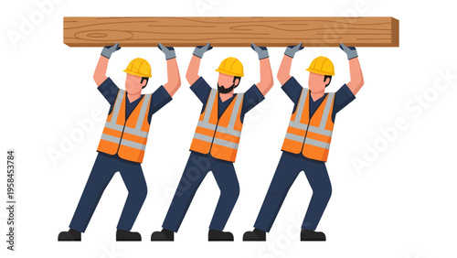 Teamwork on Construction Site: Three construction workers, wearing helmets and safety vests, collaborate to carry a heavy wooden beam, embodying the essence of teamwork in the construction field.