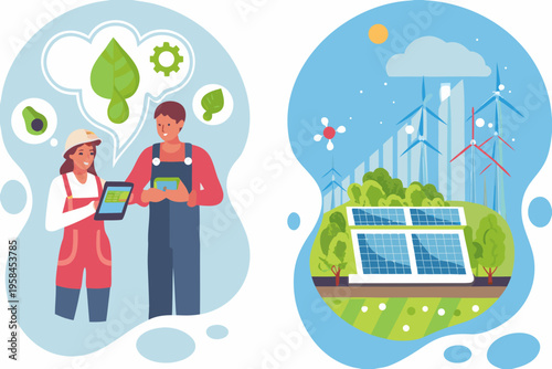 Sustainable technology and renewable energy sources visualized with people and nature