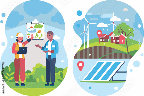 Renewable energy discussion with engineers solar panels and wind turbines