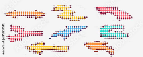 Dotted arrow icon set. Gradient dot vector isolated elements. Arrow halftone effect on a white background. Vector illustration.