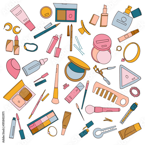 Beauty Cosmetics Seamless Pattern on a transparent background, Makeup Tools Background, Skincare and Makeup Vector Illustration
